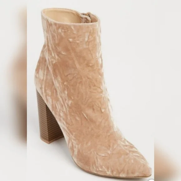 Taupe Crushed Velvet Pointed Toe Heeled Booties - Picture 5 of 6